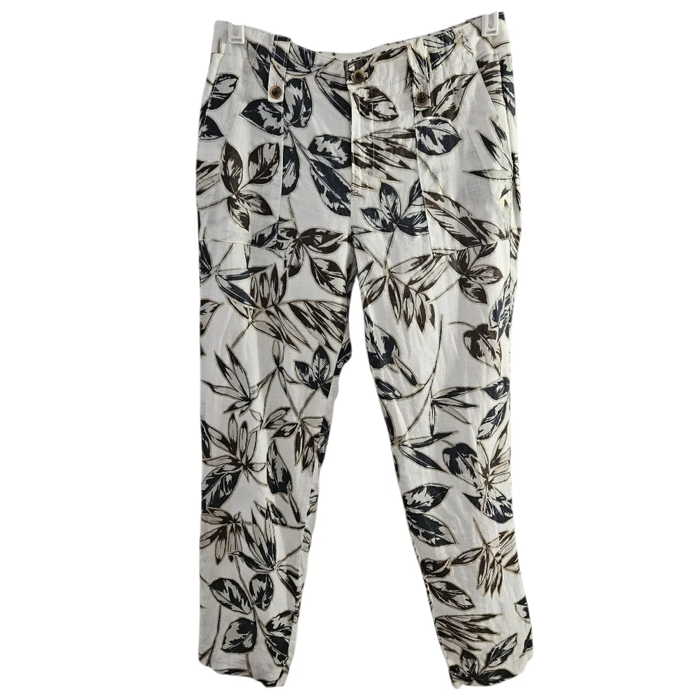 J. Crew Women's Pants Cropped Gold Foil Leaf Garden Pants w/Pockets 100% Linen
